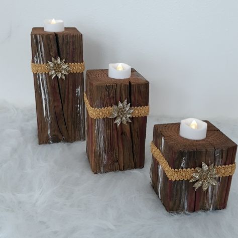 Farmhouse Rustic Wooden Candleholders. Set Of Three Comes With Three Flickering Led Candles. Handsome Recycled Barnwood. Measures 3 1/2 By 3 1/4 By 8 Inches, 6 Inches, 4 Inches Tall, Repectively. Rustic Pallet Decor, Diy 4x4 Wood Projects, Wooden Trinkets, Wooden Candle Holders Rustic, Wood Block Candle Holder, 4x4 Wood Crafts, Barnwood Projects, Small Easy Woodworking Projects, Farmhouse Candle Holders