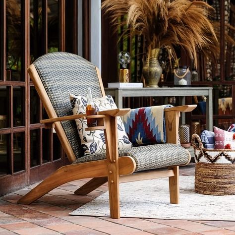 Cambridge Casual Auburn Upholstered Teak Outdoor Adirondack Chair - On Sale - Bed Bath & Beyond - 35170021 Teak Adirondack Chairs, Adirondack Chairs Patio, Wood Adirondack Chairs, Natural Teak Wood, Patio Lounge Chairs, Hardwood Furniture, Teak Outdoor, Adirondack Chairs, Patio Seating