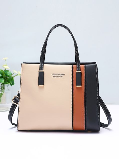 Multicolor Elegant Collar  PU Colorblock,Plain,All Over Print Square Bag Embellished   Women Bags Black And Khaki, Buy Bags, Work Gifts, Stylish Shoulder Bag, Casual Tote, Strap Tops, Sling Bag, Large Bags, Shoulder Handbags