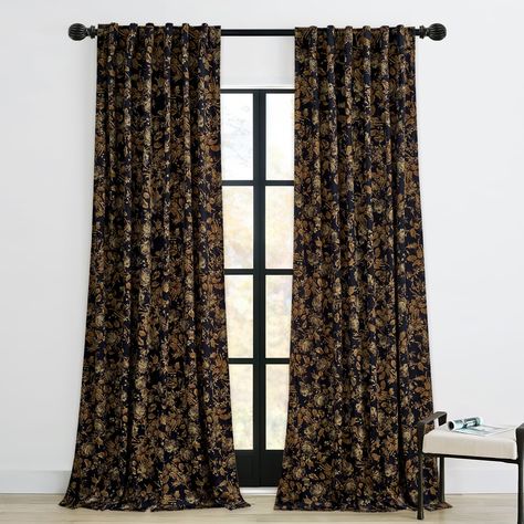 PRICES MAY VARY. DESIGN & DECOR: The soft yet vivid floral and gold foliages spread over the whole panel with black background. A classic and vintage decorative curtains give an elegant and eye-catching look to your rooms, fit into any retro or rustic setting as well as a delicate space. Unlined, single-sided digital print. READY MADE: Sold as 2 Print Velvet Curtains. Each panel measures 52"W x 90"L (from top edge of installed rod to bottom). Dual rod pocket design fits most of standard rod and Autumn Curtains Living Room, Dining Room Curtains Traditional, Between Two Windows Decor, Curtains For Green Living Room, Dark Wall Curtain Ideas, Earthy Curtains Bedroom, Moody Living Room Window Treatments, Dark Moody Curtains, Master Curtains Bedroom