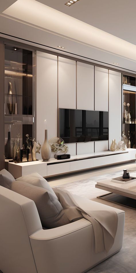 Modern flats often prioritize sleek interior design, evident in the luxurious living rooms with built-in TV units. Tv Wall Design Luxury, Luxury Tv Wall, Tv Wall Ideas, Ruang Tv, Modern Tv Room, Tv Unit Design Modern, Modern Apartment Living Room, Tv Unit Interior Design, Tv Cabinet Design