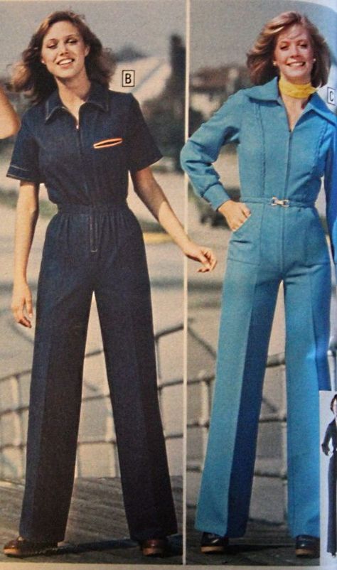 Jumpsuits were a stretchy adaptation of overalls. Using the restroom in them was precarious. During the day the jumpsuit was made of double knit polyester, cotton or denim with a zip or button up front, pant pockets and oversize collar. The denim jumpsuit with a zip up front revived the overall look. Evening jumpsuits slimmed down the look into a stretchy bodysuit with a sleeveless or halterneck top. Shop 70s jumpsuits. 1970s Denim Jumpsuit, Denim 70s Fashion, 1970 Womens Fashion, 70s Fashion Aesthetic Women, 70s Fashion Denim, 70s Fashion Vintage 1970s Women, Vintage Jumpsuit Outfits, 1970 Fashion Women, 70s Bodysuit