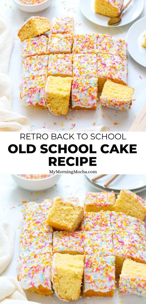 Vanilla sponge traybake with icing is a school dinners pudding loved by many. Plus, this old school cake recipe is so easy and quick to make. School Cake Recipe, Baking Recipes Uk, Old School Cake, Easy Cakes For Kids, Old School Desserts, Easy Sponge Cake Recipe, Easy Birthday Cake Recipes, Traybake Cake, Cake Recipes Uk