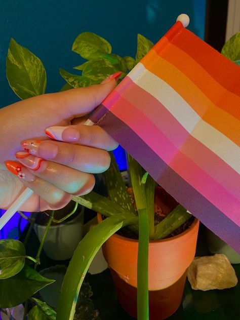 #lesbian #pride #nails Lesbian Nails Aesthetic, Lesbian Flag Nail Art, Lesbian Pride Nails Designs Simple, Lesbian French Tip Nails, Lesbian Nail Art Designs, Lesbian Nails Design Subtle, Pride Nails Aesthetic, Pride Nails Lesbian Flag, Lesbian Acrylics