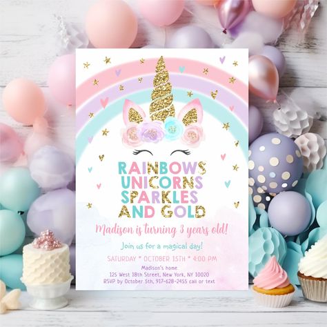 Unicorn Birthday Party Zazzle, Unicorn And Pink Themed Party, Rainbow Unicorn Zazzle, Unicorn Birthday Party Invitation Zazzle, Unicorn Party Supplies Zazzle, Unicorn Birthday Party Invite, Unicorn Three Year Old Party, 3rd Unicorn Birthday Party, 5th Birthday Unicorn Party