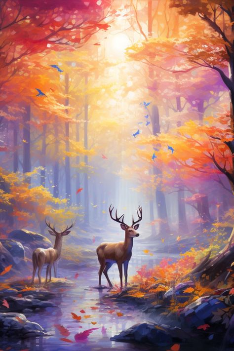 Fairy Landscape Painting, Ethereal Animals, Ethereal Forest, Fairy Journal, Landscape Study, Painting Forest, Animals Drawing, Deer Painting, Scene Drawing