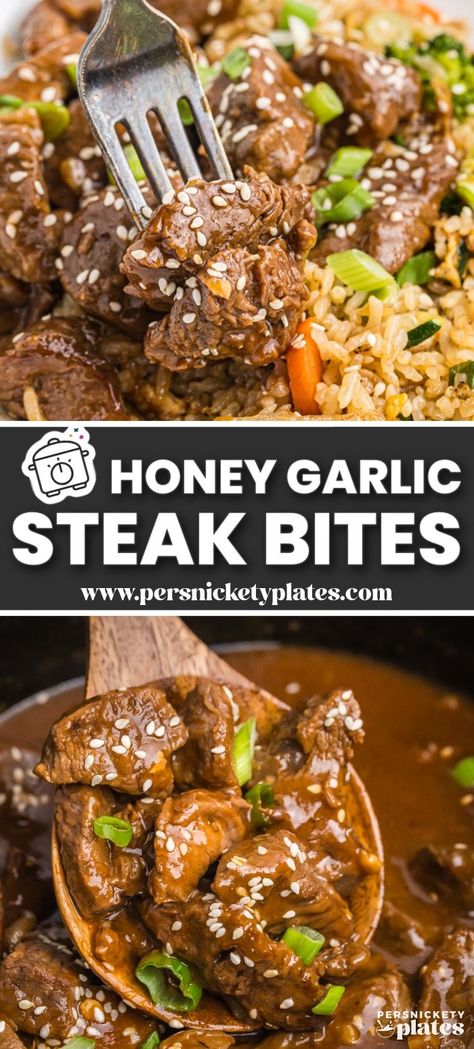 Slow cooker honey garlic steak bites are an easy way to make an impressive meal everyone will love. Seared steak bites are cooked low and slow in the crockpot in a quick honey garlic sauce until fall-apart tender and full of flavor. Served over rice or noodles for a comforting meal or on a mini skewer for a game day appetizer! | www.persnicketyplates.com Crock Pot Garlic Steak Bites, Slow Cooker Garlic Steak Bites, Game Day Crockpot Recipes Main Dishes, Slow Cooker Honey Garlic Beef, Garlic Butter Steak Bites Pressure Cooker, Slow Cooker Honey Garlic Steak Bites, Honey Garlic Steak, Honey Garlic Steak Bites, Garlic Steak Bites