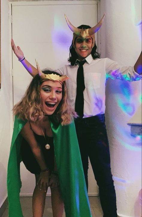 DIY Couples Halloween Outfits For You And Your BOO - RecipeMagik Loki Couples Costume, Loki And Thor Couples Costume, Thor X Loki Costume, Marvel Custome Halloween, Loki Costume Halloween, Loki Couple Costume, Loki And Sylvie Costume, Comic Con Couple Costumes, Disney Easy Costumes