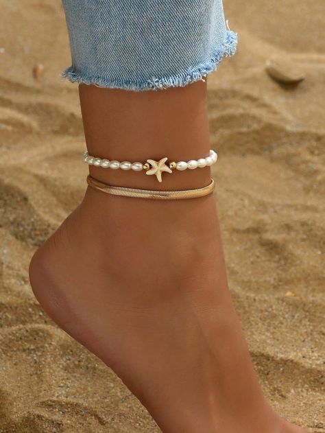 Multicolor Vacation Collar  Shell   Embellished   Kids Jewelry & Watches Handmade Ankle Bracelets, Pearl Ankle Bracelet, Starfish Anklets, Diy Bracelets With String, Starfish Decor, Surf Jewelry, Anklet For Women, Beach Anklets, Beach Bracelets