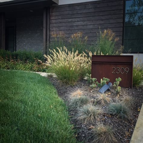 Modern Landscape to compliment the existing corten steel address marker. Corten Steel Signage, Steel Signage, Acreage Landscaping, Hardscape Ideas, Diy Driveway, Address Marker, Mailbox Landscaping, Number Ideas, Small Front Yard Landscaping