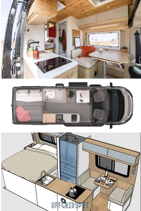 Van Builds With Bathroom, Camper Van Interior Ideas With Bathroom, Self Contained Van Ideas, Boho Sprinter Van, Can Camper Conversion, 4 Berth Sprinter Van Conversion, Sprinter Van Living, Van Conversion With Shower Layout, Van Conversion Bunk Beds