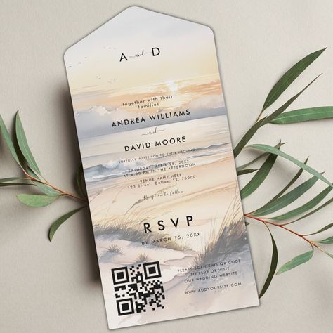 Surprise your loved ones with this elegant invitation, featuring beach sunset illustration and your custom details. All In One Wedding Invitations, Boho Destination Wedding, Wedding Invitations Simple, Typography Elegant, Sunset Illustration, Boho Wedding Invitation Template, Neutral Bohemian, Destination Vacation, Minimal Typography