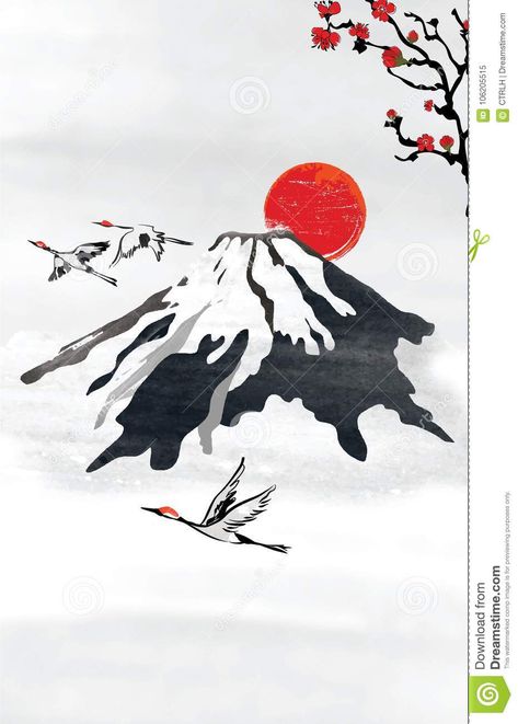 Illustration about Vintage background for japanese / korean greeting cards with stylized mountains, seting sun, blossom branches and flying crane birds. Illustration of designed, branches, crane - 106205515 Mount Fuji, Korean Greetings, Gunung Fuji, Tree Sleeve, Flying Crane, Mount Fuji Japan, Birds Illustration, Japanese Mountains, Fuji Mountain