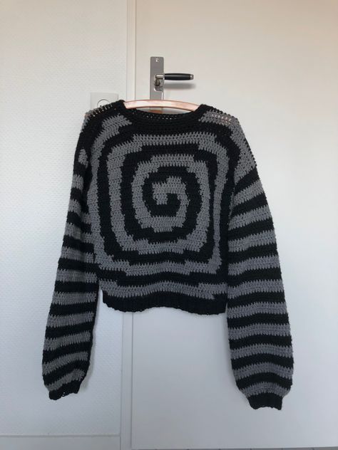 Purple And Black Crochet Sweater, Crochet Oversized Striped Sweater, Black And Grey Crochet Sweater, Grunge Sweater Crochet, Crochet Emo Clothes, Crochet Black Outfit, Crochet Inspo Sweater, Spiral Crochet Sweater Pattern, Crochet Aesthetic Sweater