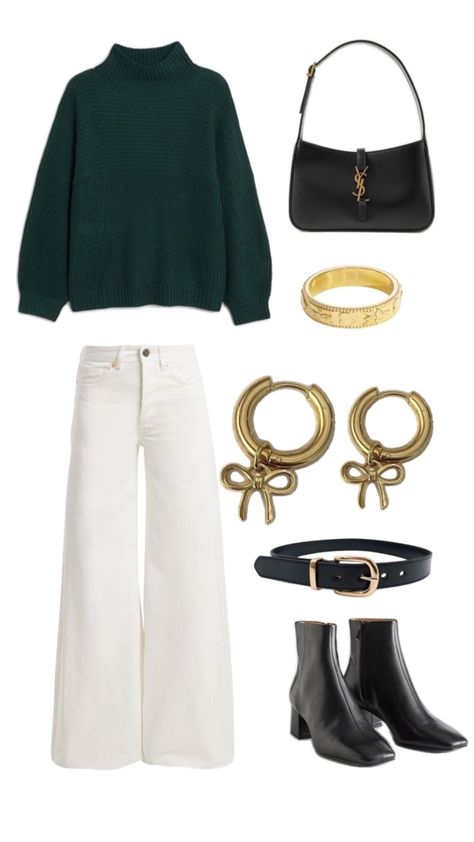 Hijab Trend, Dark Green Sweater, Trend 2023, Black Purse, Gold Bangle Bracelet, Gold Bangle, Green Sweater, White Pants, Black Boots