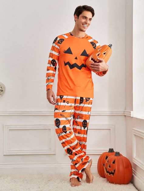 Orange  Collar Long Sleeve  Halloween Pajama Sets Embellished High Stretch  Men Underwear & Loungewear Avengers Outfits, Men Loungewear, Men Halloween, Halloween Pajamas, Loungewear Sets, Halloween Prints, Pajama Sets, Pj Sets, Raglan Sleeve