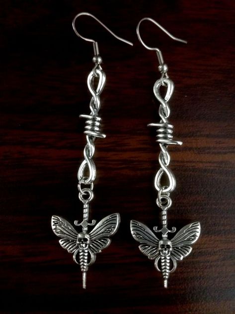 Barbed Wire Earrings, Grunge Earrings, Moth Earrings, Skull Moth, Deaths Head, Dark Earrings, Earrings Skull, Earrings Gothic, Goth Earrings