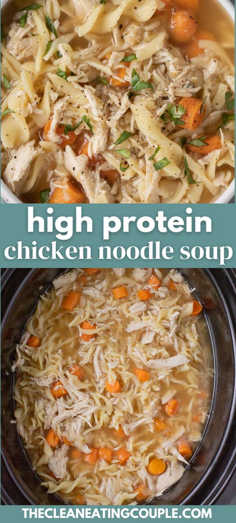 High Protein Chicken Noodle Soup is total comfort food! Unlike other soups that leave you hungry, this chicken noodle soup has over 20g of protein per serving. Loaded with chicken, veggies and yummy broth Chicken Recipes High Protein Low Carb, Macro Friendly Chicken Noodle Soup, Chicken Soup High Protein, Crockpot Soup High Protein, 21 Day Fix Chicken Noodle Soup, Protein Crockpot Soup, Macros Friendly Soups, Shredded Chicken Soup Recipes Healthy, Chicken And Veggie Soup Crockpot