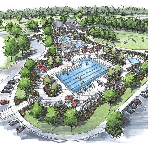 Stephens Valley Town Center. Neighborhood pool design. Best neighborhood in Nashville. Nashville community. Community Recreation Center, Community Pool Design, Community Space Design, Neighborhood Design, Oasis Springs, Square Pool, Sims Inspiration, Town Building, City Planning