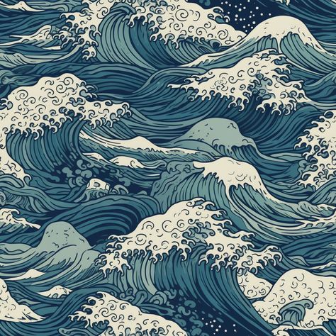 Cover your project with beautiful, handcrafted ocean drawing as a seamless pattern. Save The Planet Illustration, Aesthetic Design Patterns, Japanese Ocean Art, Ocean Aesthetic Blue, Ocean Blue Aesthetic, Ocean Patterns, Ocean Posters, Patterns Aesthetic, Wave Aesthetic