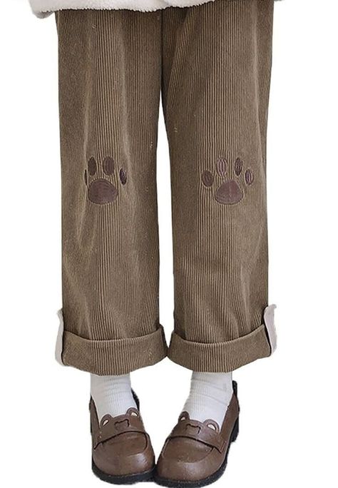 Paw Embroidery, Corduroy Wide Leg Pants, Embroidery Japanese, Wide Leg Pants Casual, Cat Paw, Swaggy Outfits, Pants Casual, Casual Trousers, Mode Vintage