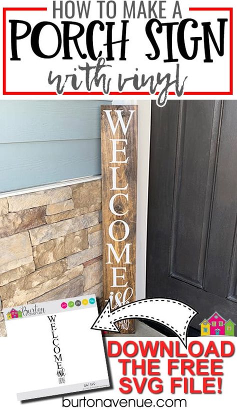 Diy Welcome Sign Wood Front Porches With Cricut, Cricut Sign Ideas Vinyl Lettering, Cricut Porch Signs Diy, Diy Welcome Sign Wood Front Porches, Diy Welcome Sign Wood, Diy Porch Signs, Porch Signs Diy, Cute Porch, Cricket Maker