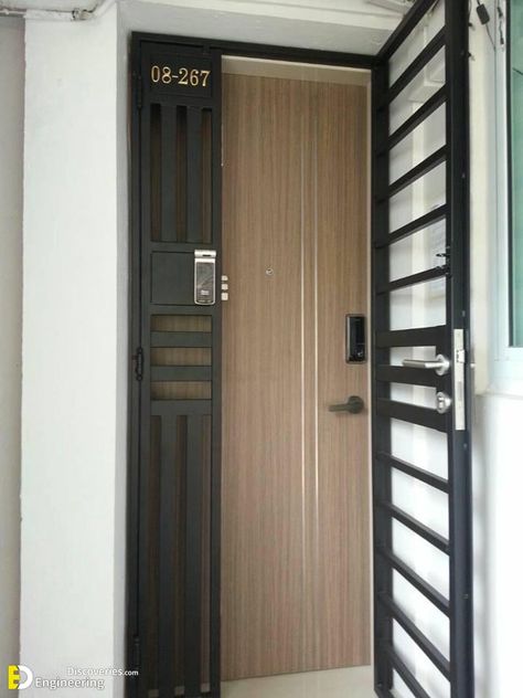 Creative Safety Door Design Ideas With Grill To Secure Your home | Engineering Discoveries Grill Door Design Front Entry Indian, Safety Door Design, Apartment Front Doors, Security Door Design, Iron Security Doors, Modern Window Grill, Window Grills, Grill Designs, Open Living Room Design