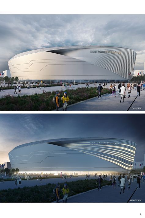 Montpellier Stadium | Concept Architecture Project Football Stadium Architecture, Stadiums Architecture, Futuristic Stadium, Stadium Facade, Urban Design Project, Masterplan Architecture, Landscape Architecture Diagram, Stadium Lights, Stadium Architecture