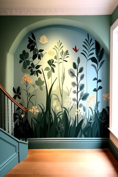 Hallway Accent Wall Transformed with Vibrant Murals Hallway Accent Wall, Hallway Accent, Wall Painting Ideas Creative, Wall Charm, Home Wall Painting, Wall Murals Diy, Diy Mural, Living Room Murals, Accent Wall Ideas