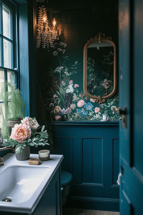 34 Stunning Victorian Bathroom Design Ideas Victorian Style Bathroom, Teal Bathroom, Art Deco Living Room, Dark Bathrooms, Boho Bathroom Decor, Art Deco Bedroom, Victorian Bathroom, Modern Farmhouse Bathroom, Unique Flooring