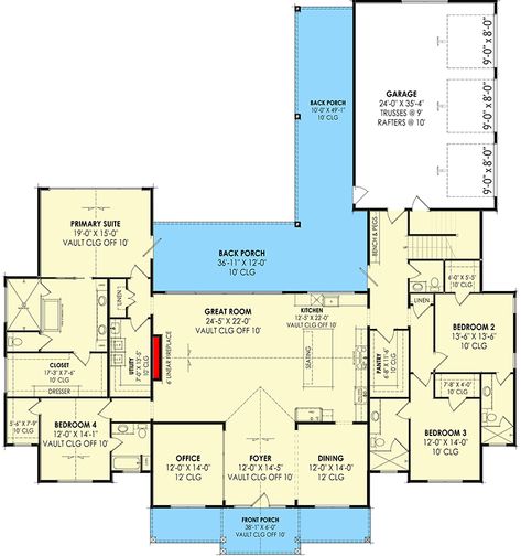 This farmhouse plan gives you 4 beds. 4.5 baths and 3,641 square feet of heated living space with a 3-car side-load garage with 895 square feet of parking space. A vaulted entry porch is flanked by matching dormers and matching gables giving the home great symmetry. A vaulted foyer is open to a vaulted open concept layout with a fireplace in the great room on the left visible from the kitchen on the right. Windows line the back wall and look out across the back porch which is accessible from bot House Plans With Large Back Porch, Entryway Layout House Plans, House Plans With Side Entry Garage, Vaulted Living Room With Fireplace, Closed Concept House Plans, Side Entry Garage House Plans, Farmhouse Detached Garage, Vaulted Foyer, Open Concept House Plans