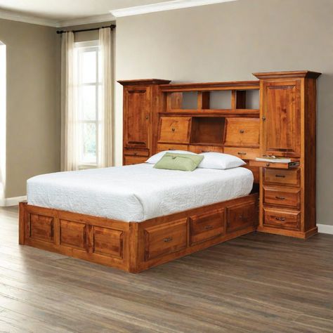 Built In Bed And Nightstands, King Bed Headboard Ideas, Built In Shelves Bedroom, Wood Headboard Wall, Dresser Headboard, Bamboo Furniture Bedroom, Bed Headboard Ideas, Solid Wood Headboard, Wooden Bed With Storage