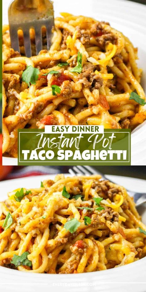 Instant Pot Taco Spaghetti - Everyday Eileen Instant Pot Enchilada Pasta, Mexican Food Instant Pot, Instant Pot Taco Spaghetti, Instant Pot Spaghetti Ground Beef, Instapot Healthy Meals, Pioneer Woman Instant Pot Recipes, Instant Pot Ground Turkey Recipes, Ground Turkey Instant Pot Recipes, Mexican Instant Pot Recipes