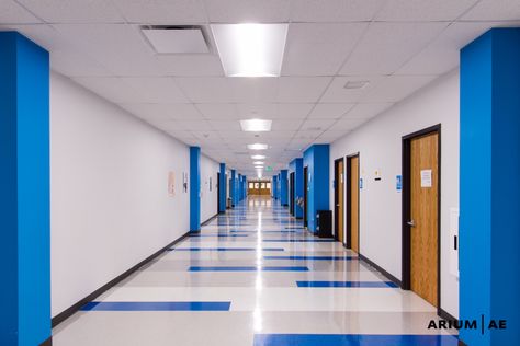 High school hallway, floor pattern, accent color, VCT High School Design Interior, Fancy School Hallway, School Design Ideas, School Corridor Design, High School Interior, High School Hallway, High School Corridor Design, Hospital Corridor Design Interiors, School Corridor