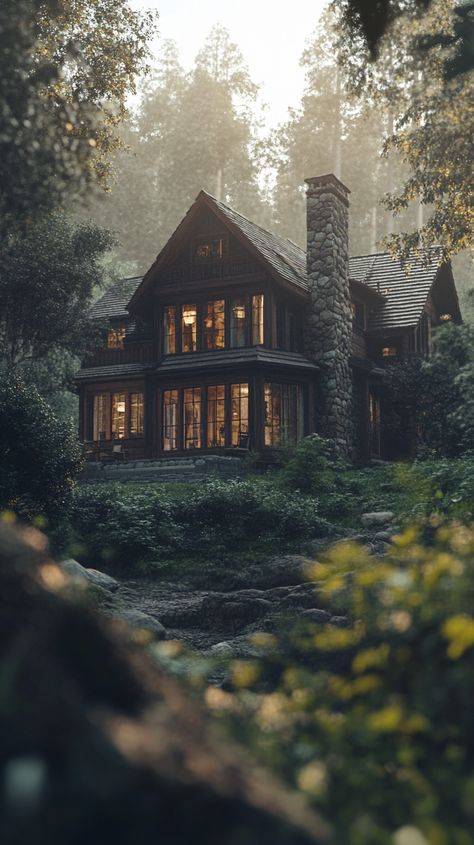 Mysterious Forest Dwelling with Huge Windows House In The Woods Aesthetic, Homes In Nature, Forest House Aesthetic, Window From Outside, Rustic Mansion, Forest Landscaping, Old Fashioned House, Forest Homes, Mysterious Forest