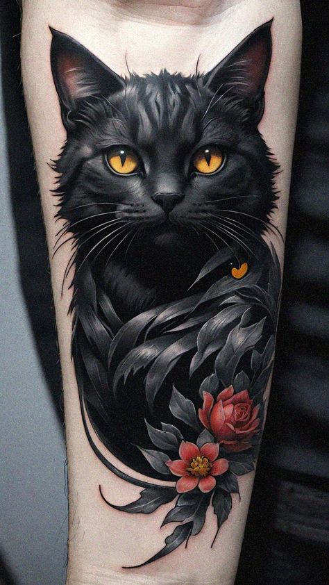 Simbols Tattoo, Tattoo Gato, Cat Portrait Tattoos, Optical Illusion Tattoo, Realistic Tattoo Sleeve, Black Cat Tattoos, Kawaii Tattoo, Cat Tattoo Designs, Geniale Tattoos