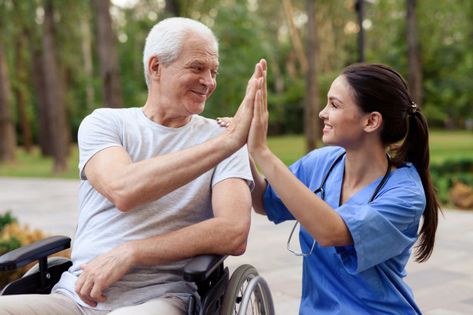 A nurse and an old man in a wheelchair h... | Premium Photo #Freepik #photo #tree #people #summer #woman Non Emergency Medical Transportation, Elderly Home Care, Geriatric Care, Theme Carnaval, Medical Transportation, Home Care Agency, Social Care, Senior Care, Home Health Care