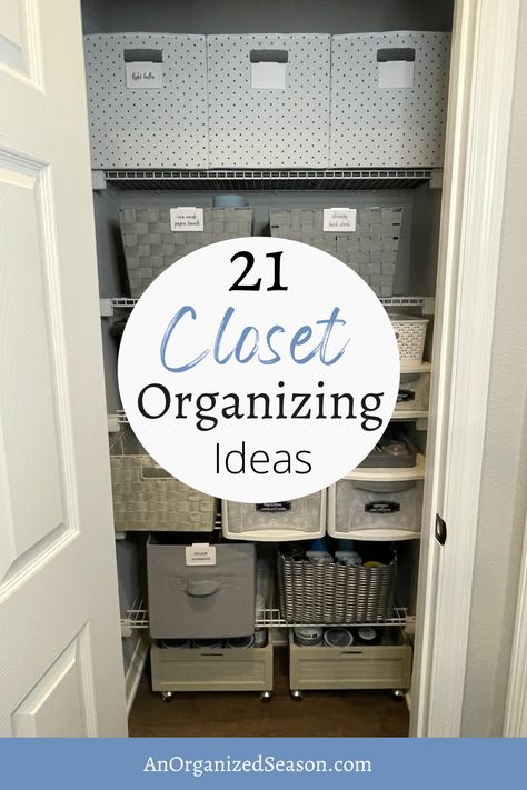 Step into a world of streamlined living with our "21 Closet Organizing Ideas." Delve into a trove of ingenious yet practical solutions designed to convert your cluttered chaos into an oasis of order. Get ready to organize all the closets in your house. Please pin this and follow us for more home organization inspiration! Large Hallway Closet Organization, How To Store Duffle Bags In Closet, Closet Storage Bins Organizing Ideas, Organize Hall Closet, Entry Closet Organization Ideas, Sliding Door Closet Organization Ideas, Hallway Closet Organization, Hall Closet Organization Ideas, Entry Closet Organization