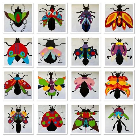 Bug Art Lesson, Art Projects For School Auction, Insect Art Projects, Art Lesson Plan, Elementary Art Lesson Plans, Beetle Art, Elementary School Art, 8th Grade Art, Paper Art Sculpture