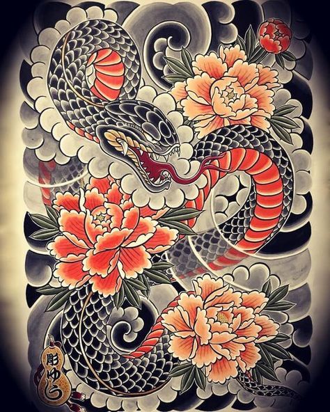 15+ Traditional Japanese Snake Tattoo Designs | PetPress Hannya Maske Tattoo, Yakuza Style Tattoo, Japanese Snake, Snake Tattoo Meaning, Traditional Snake Tattoo, Japanese Snake Tattoo, Bodysuit Tattoos, Guerriero Samurai, Tato Tradisional