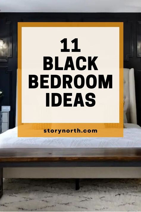 Save this pin for chic and sophisticated black bedroom inspiration! Discover how these ideas can bring elegance and style to your home decor. #BlackBedroom #HomeDecorIdeas #InteriorDesigninspiration Black Contrast Wall Bedroom, Black And Gold Bedroom Color Schemes, One Black Wall Bedroom Ideas, Black Bedroom Paint Ideas, Bedroom With Black Furniture Ideas, Black Guest Bedroom, Black Accent Wall In Bedroom, Black And Gold Bedroom Aesthetic, Small Black Bedroom