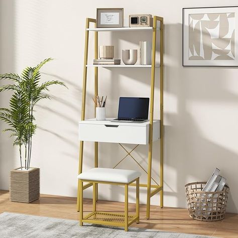 4 Storage Compartments, Open Shelves, Girls Dressing Table for Small Space (White & Gold) Vanity Shelf Ideas, Tiny Vanity Ideas, Vanity For Small Bedroom, Small Vanity Ideas, Dressing Table For Small Space, Girls Dressing Table, Small Makeup Vanities, Ladder Desk, Ladder Storage