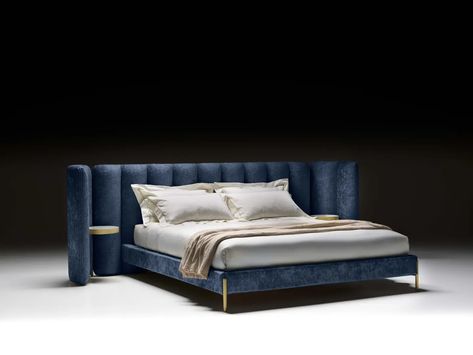 Luxury Modern Bed, Wide Headboard, Nightstand Design, Luxury Beds, Floating Bedside Table, Designer Bedroom, Gold Shelves, Italy Home, Blue Luxury