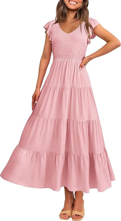 PRETTYGARDEN Women's Summer Flowy Maxi Dress Casual Cap Sleeve V Neck Smocked Beach Sundress (Solid Pink,Large) at Amazon Women’s Clothing store Women Maxi Dresses Summer, Long Flowy Dress, Maxi Dress Casual, Cake Dress, Street Dress, Sandy Shores, Flutter Dress, Summer Plus Size, Casual Cap