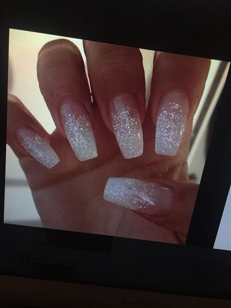 White And Glitter Nails Coffin, Silver Nails Prom Acrylics, White Glitter Fade Nails, Milky White Nails With Glitter Accent, White Sparkle French Tip Nails, White Nails With Sparkles, White Glitter Ombre Nails, White Nails Sparkle, White Sparkly Acrylic Nails