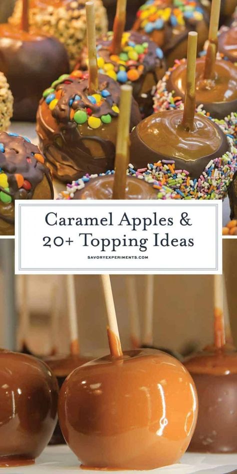 20+ Ideas for Caramel Apples The Classic Halloween Treat - Classic caramel apples recipe with 20+ ideas to roll them in from nuts to candy. Perfect for a fall dessert idea or a Halloween treat! #20ideasforcaramelapples Desert Snacks, Make Caramel Apples, Apple Topping, Gourmet Candy Apples, Caramel Apple Bars, Gourmet Caramel Apples, Candy Apple Recipe, Caramel Apples Homemade, Caramel Apples Recipe