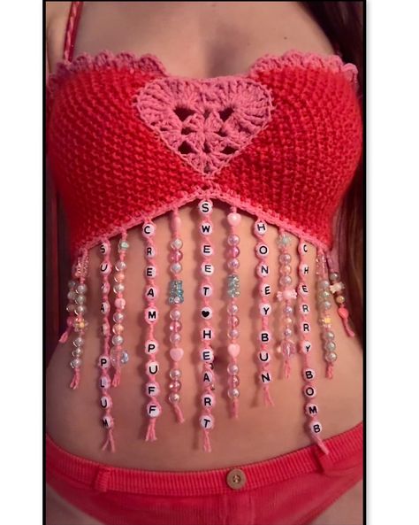 Sugar Queen Top Red/pink Handmade Crochet Beaded Top Silk Cotton Mohair Made in Canada - Etsy Canada Cute Pink Crochet Ideas, Beaded Crochet Top, Crochet Top With Beads, Crochet Rave, Pink Crochet Top, Crochet With Beads, Mohair Crochet, Red Crochet Top, Crochet Design Pattern