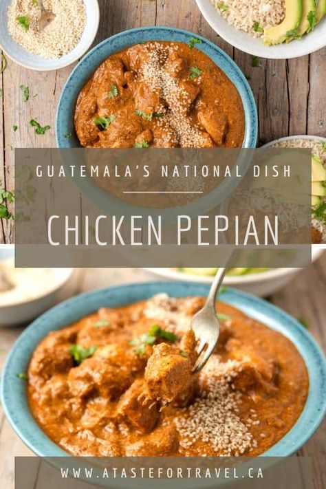 For an authentic taste of Guatemala, try this Pepián de Pollo recipe. Considered the national dish of Guatemala it is made of chicken bathed in a lightly spicy sauce of tomatoes, pumpkin and sesame seeds, chiles and vegetables. It's the perfect comfort food #Guatemala #chicken Spicy Chicken Stew, Guatamalan Recipes, Pollo Recipe, Guatemalan Recipes, Fantastic Recipes, National Dish, Chicken Spices, Tender Chicken, Favourite Food