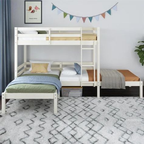 YUNMA Twin Over Twin 2 Drawer Triple / Quad Bunk Bed by YUNMA | Wayfair 3 Beds Small Room, 3 Bunk Beds Small Spaces, 3 Beds In One Room Small Spaces, Brother And Sister Shared Bedroom Ideas, 3 Bed Bunk Beds, 3 Beds In One Room Ideas, 3 Bed In One Room Ideas, 3 Kids In One Room, Boys Space Bedroom