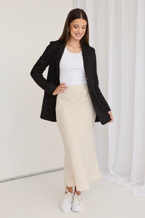 A fresh take on the classic bias midi skirt, the RE: Union skirt features self-covered buttons and 100% soft linen. A perfect transition piece from work to date night, this stunning skirt can easily be dressed up for any occasion. - Bias cut- Elasticated waist- 100% Linen Cream Skirt Outfit, Linen Skirt Outfit, Black Jacket Outfit, Tiered Mini Skirt, Cream Skirt, Ruched Maxi Dress, Strappy Mini Dress, Tiered Maxi Skirt, Fitted Midi Dress